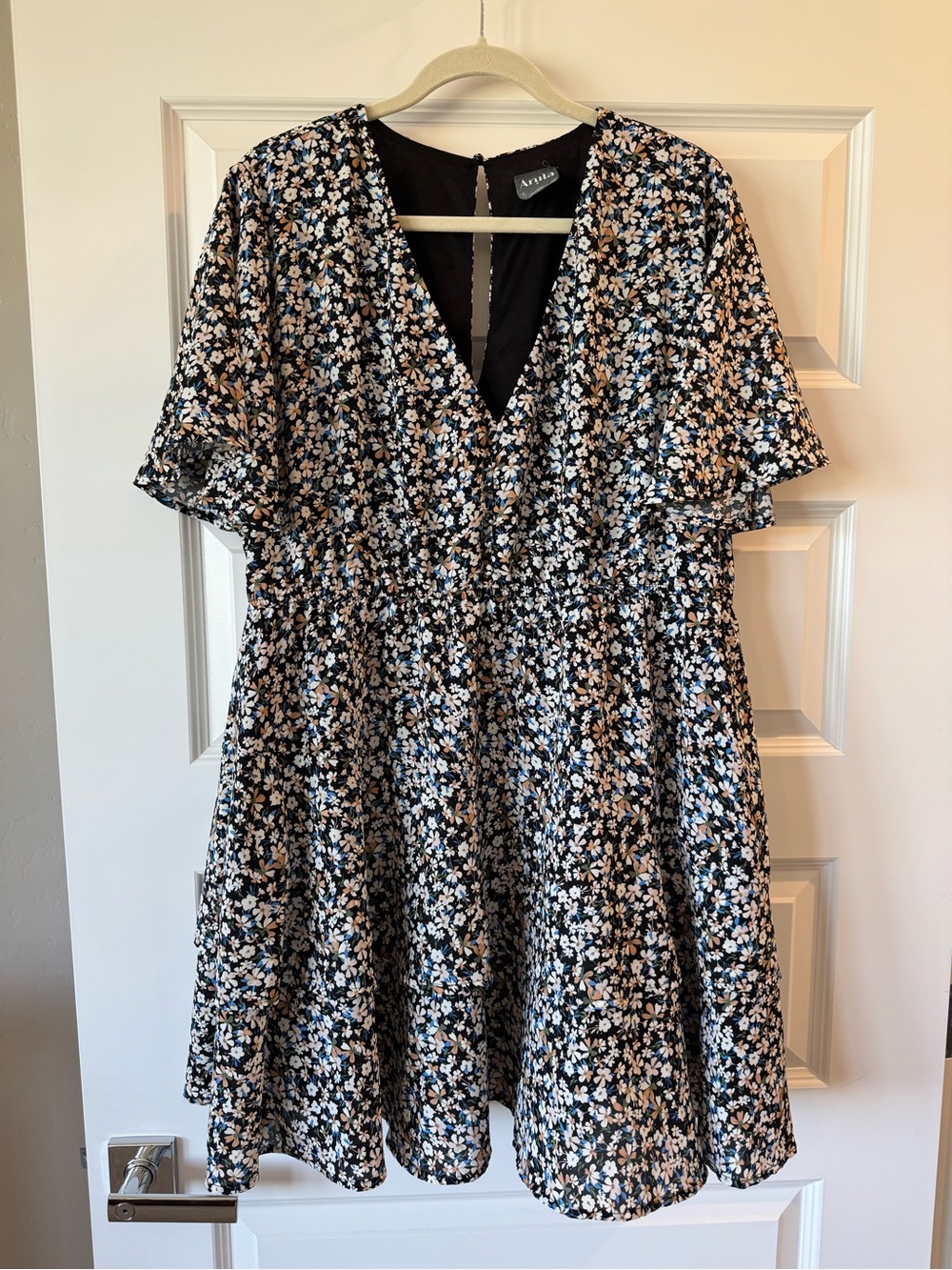 ARULA Tallulah Black Ditsy Floral Mini Dress with Cream & Blue Blooms